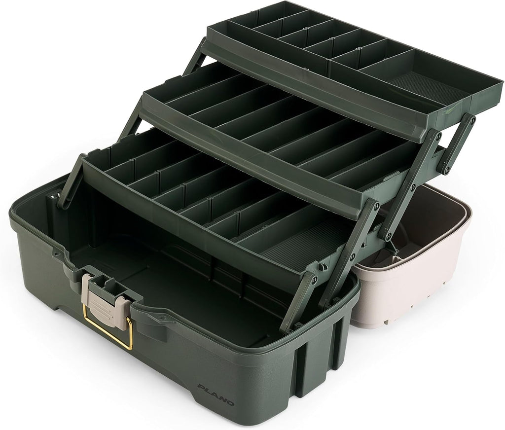Plano Three-Tray Tackle Box Bass Kit, Tan/Green, Rust-Proof Brass Latch, Top-Access Tray Compartments with Deep Storage, Made in the USA, Portable Fishing Gear Storage Organizer