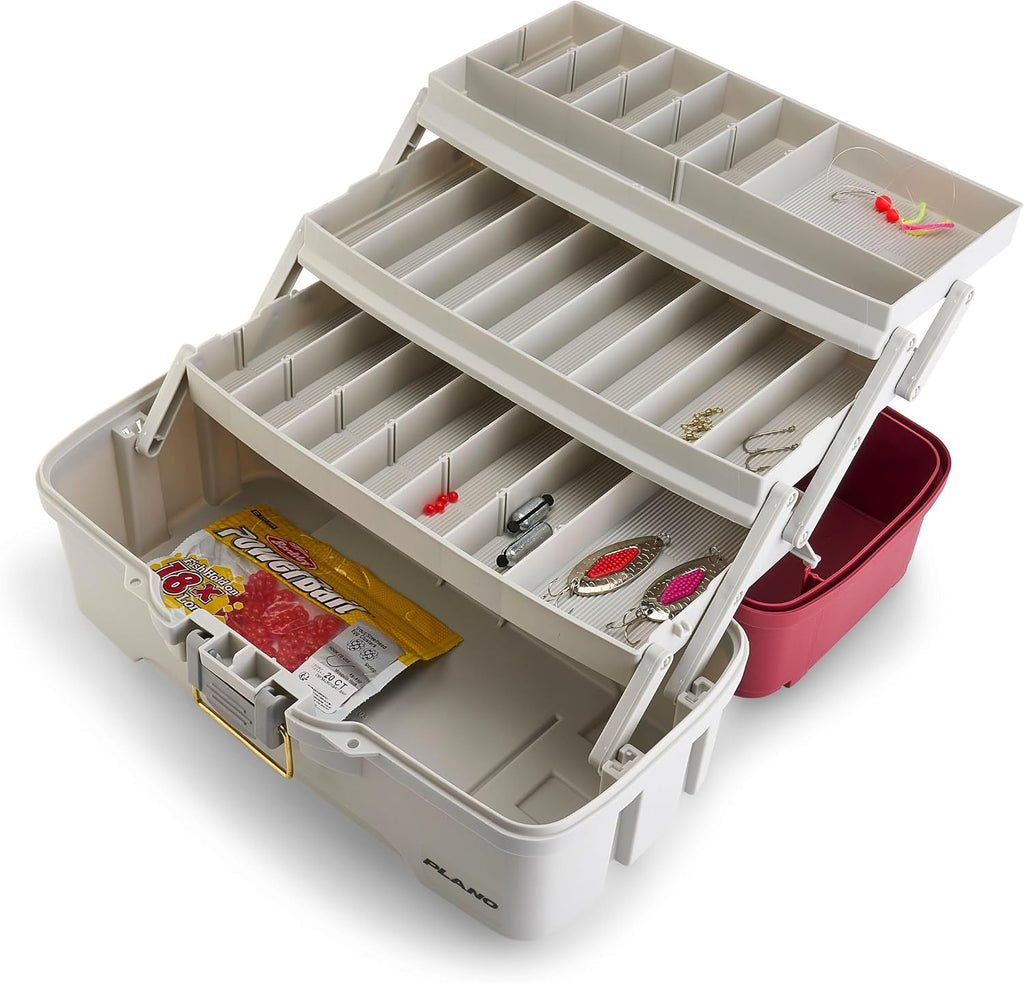 Plano Three-Tray Tackle Box Salmon Kit, Maroon/Grey, Rust-Proof Brass Latch, Top-Access Tray Compartments with Deep Storage, Made in the USA, Portable Fishing Gear Storage Organizer