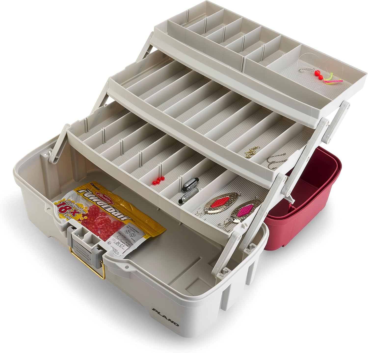 Plano Three-Tray Tackle Box Salmon Kit, Maroon/Grey, Rust-Proof Brass Latch, Top-Access Tray Compartments with Deep Storage, Made in the USA, Portable Fishing Gear Storage Organizer