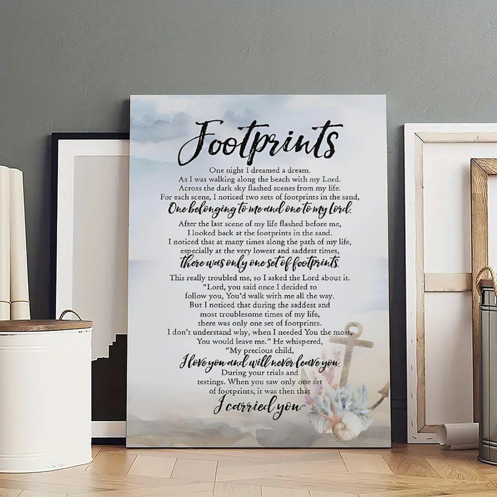 Footprints in the Sand Religious Canvas Wall Art Posters, Inspirational Beach Sunset Poem Print Poster (Framed 16x24inch, Footprints(6))
