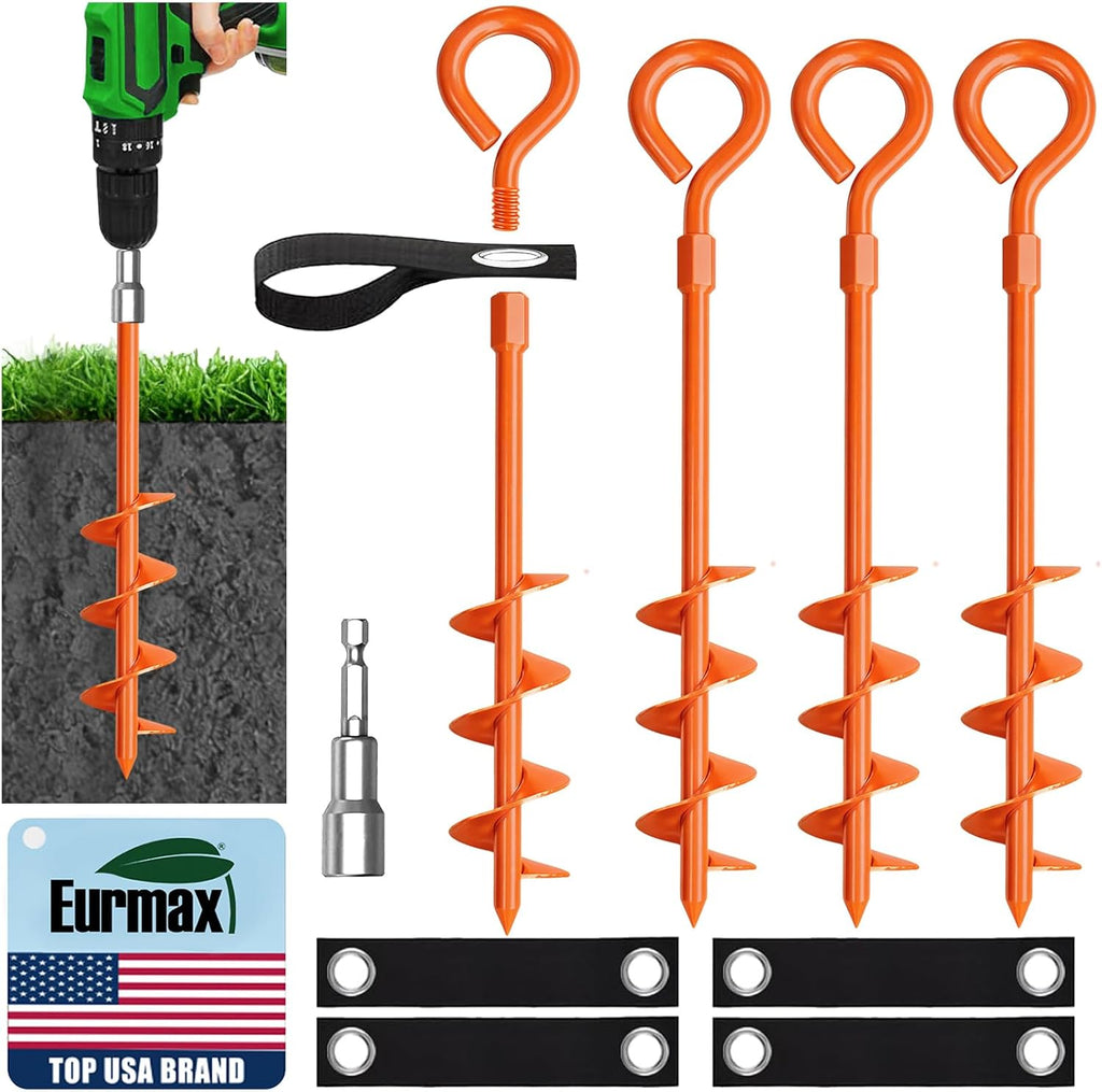 Eurmax USA 4 Pack Heavy Duty Ground Stakes&Anchors,Commercial Spiral Screw-in Trampoline Stakes with Reinforced Tie-Down Straps,High Wind Stabilizing Kit for Canopies,Outdoor Sheds,Swing Sets(Orange)