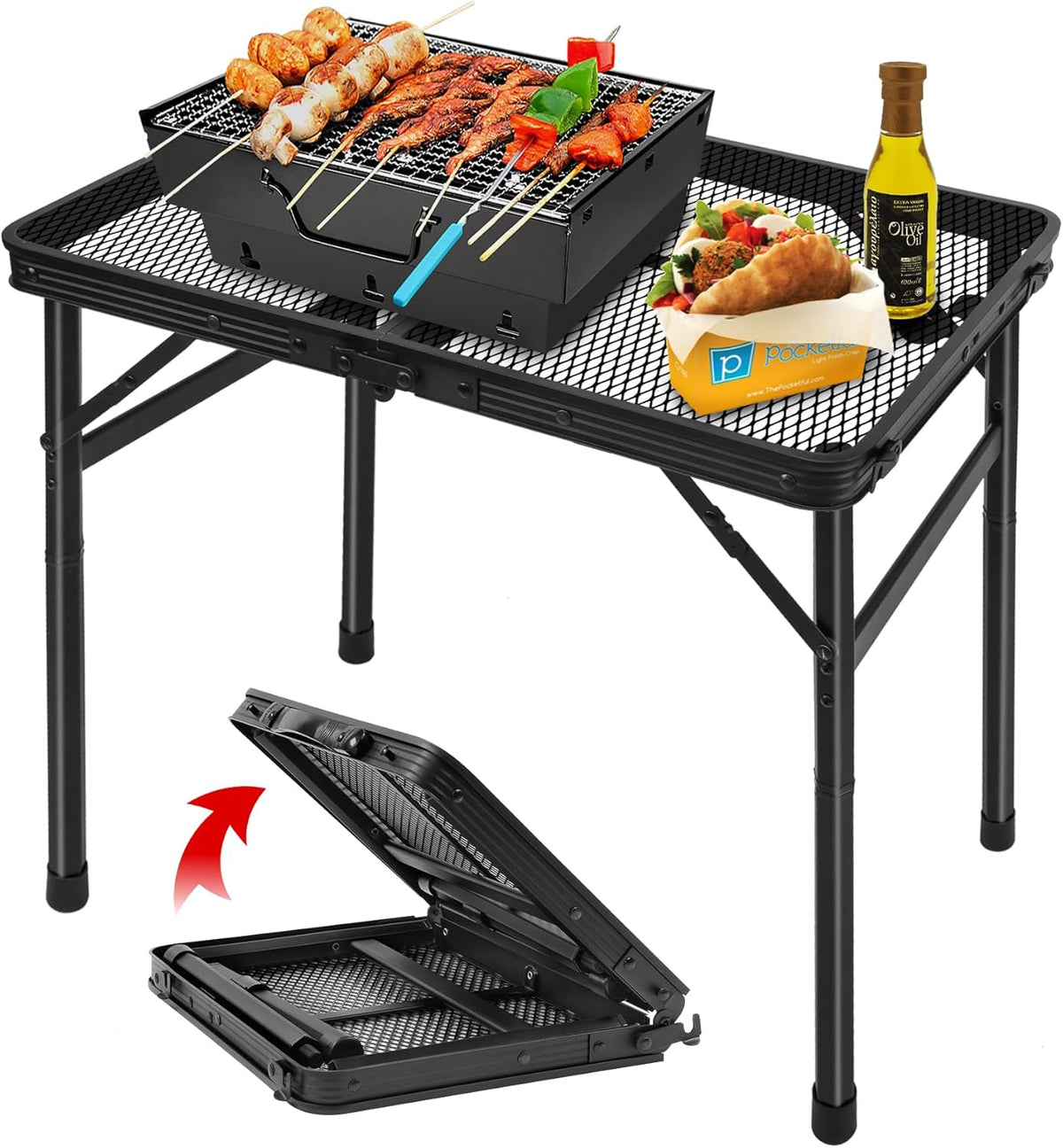 2.5 FT Picnic Table with 2 Wing Panels, Mesh Metal Folding Grill Table Height Adjustable & Lightweight & Portable Table for Outdoor Indoor Camping, Picnic, Beach and BBQ, RV
