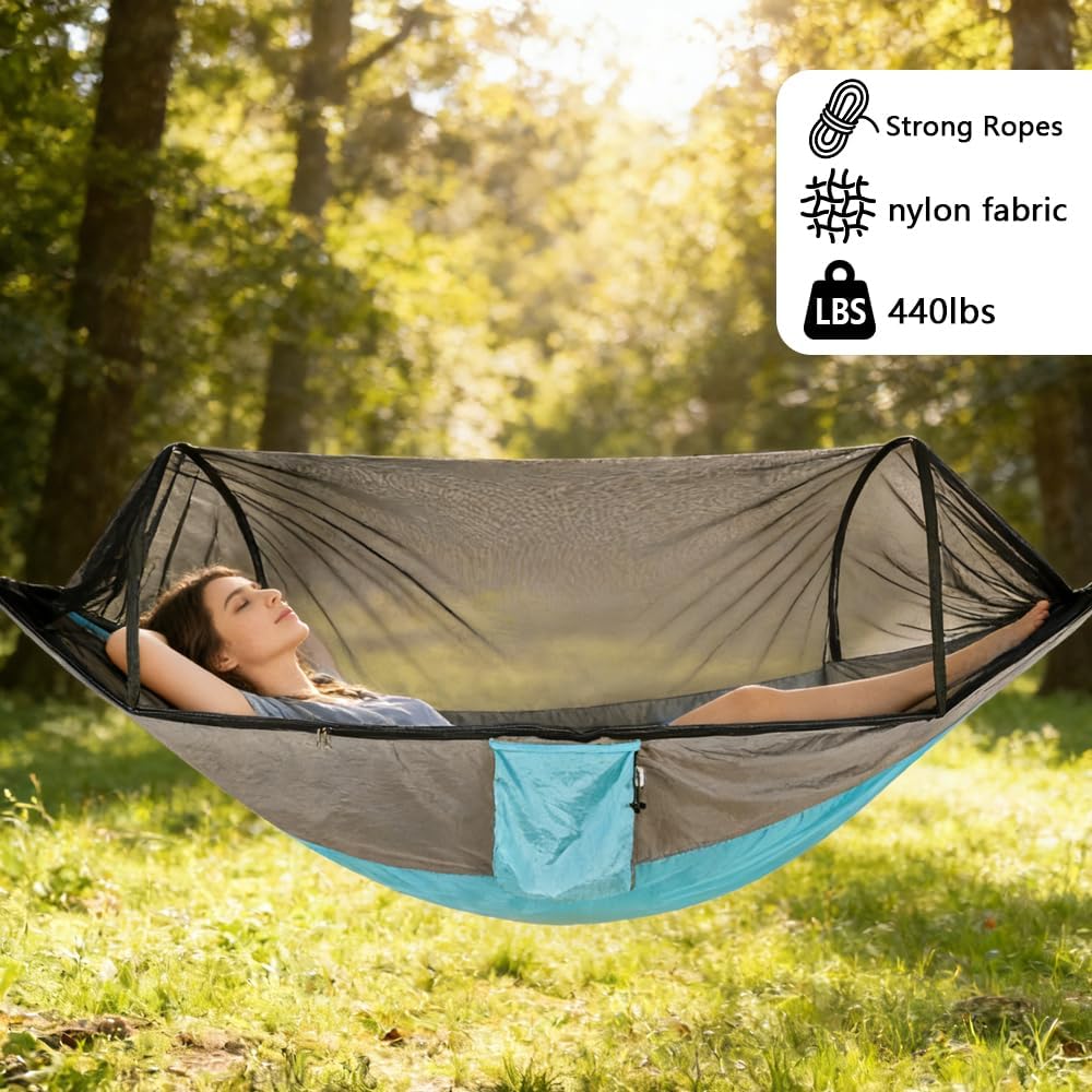 Camping Hammock with Mosquito Net - Double & Single Portable Hammocks with 2 Tree Straps, Lightweight Hammock Tent for Outdoor Camping, Hiking, Backpacking, Beach & Backyard (Blue)