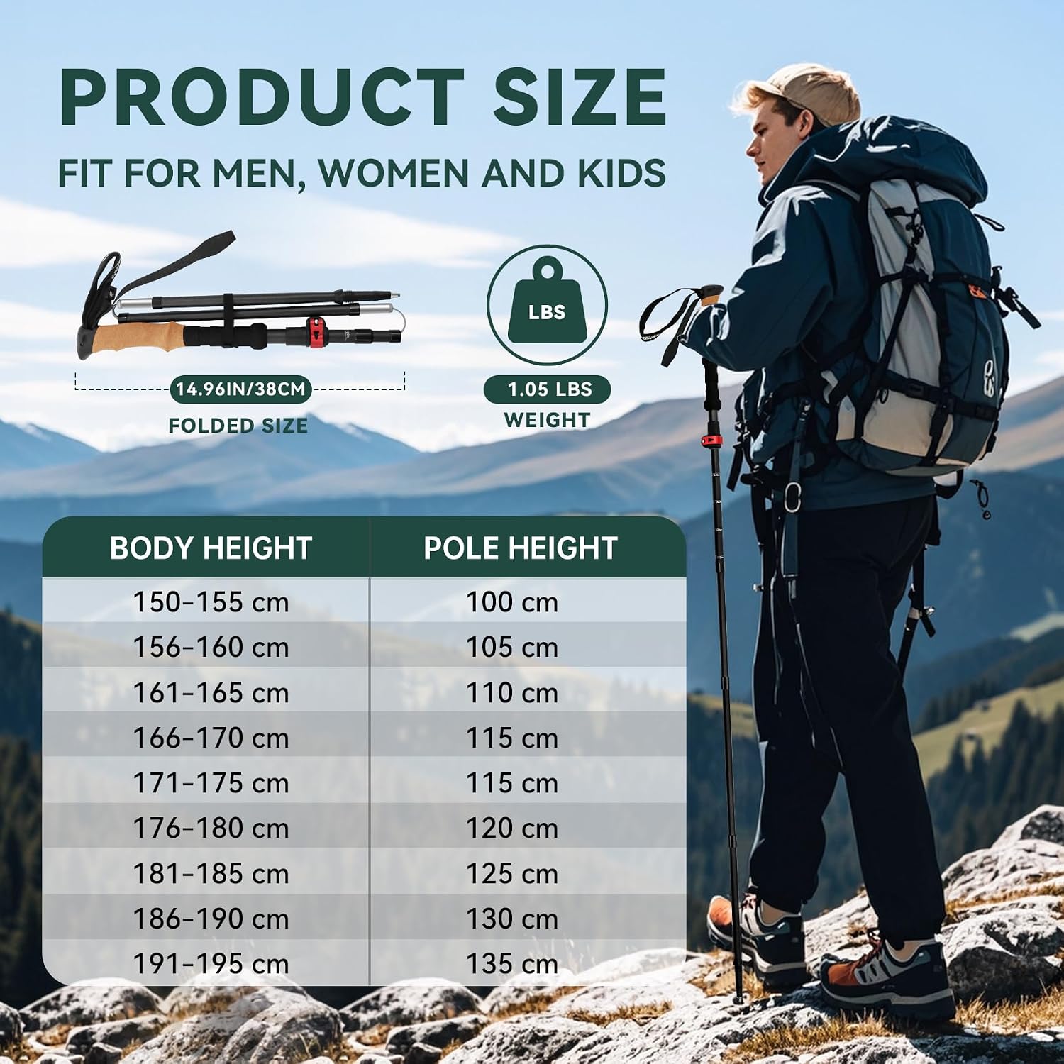 Carbon Fiber Trekking Poles, Lightweight Hiking Sticks with Cork Grip 2 Pcs