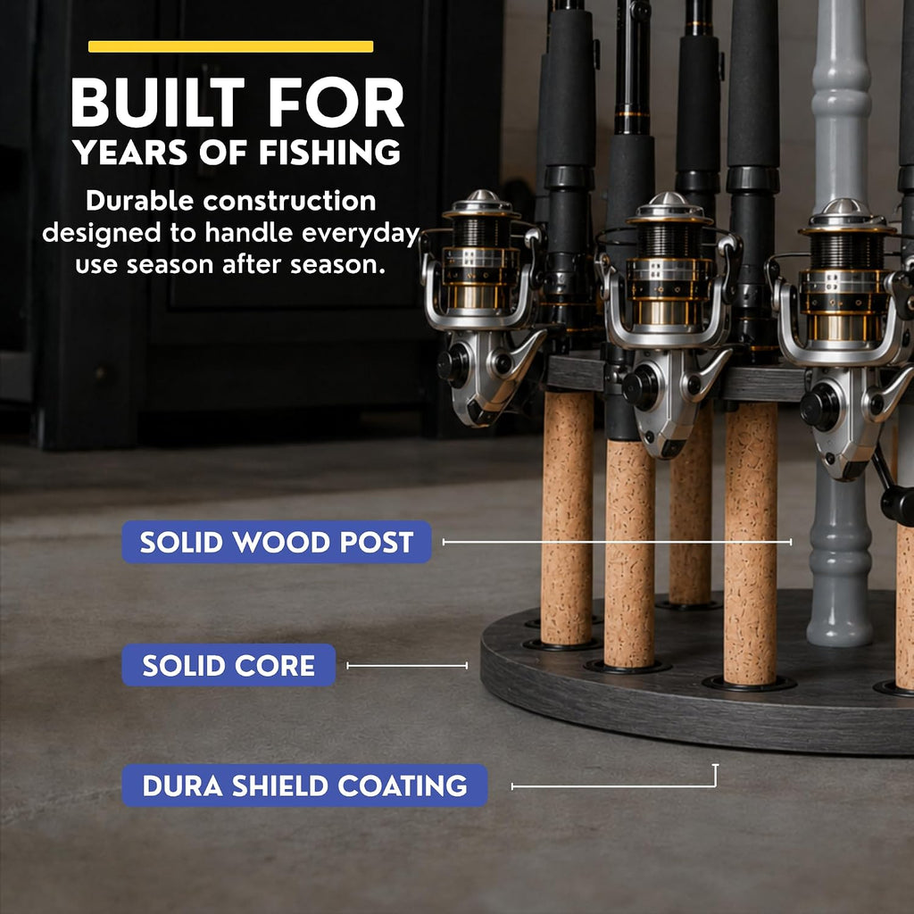 Rush Creek Creations 16-Rod Round Fishing Rod Holder for Garage, 360° Access Fishing Pole Holder for Fishing Rods, Reels, and Gear, Securely Holds 16 Rods, Barnwood