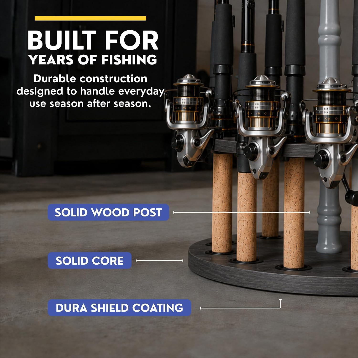 Rush Creek Creations 16-Rod Round Fishing Rod Holder for Garage, 360° Access Fishing Pole Holder for Fishing Rods, Reels, and Gear, Securely Holds 16 Rods, Barnwood