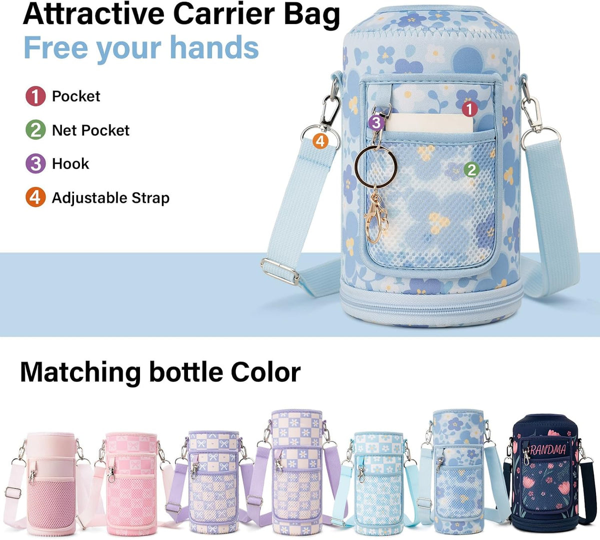 DYSANKY Insulated Water Bottle w/Straw Lid & Portable Carrier Bag, 64oz