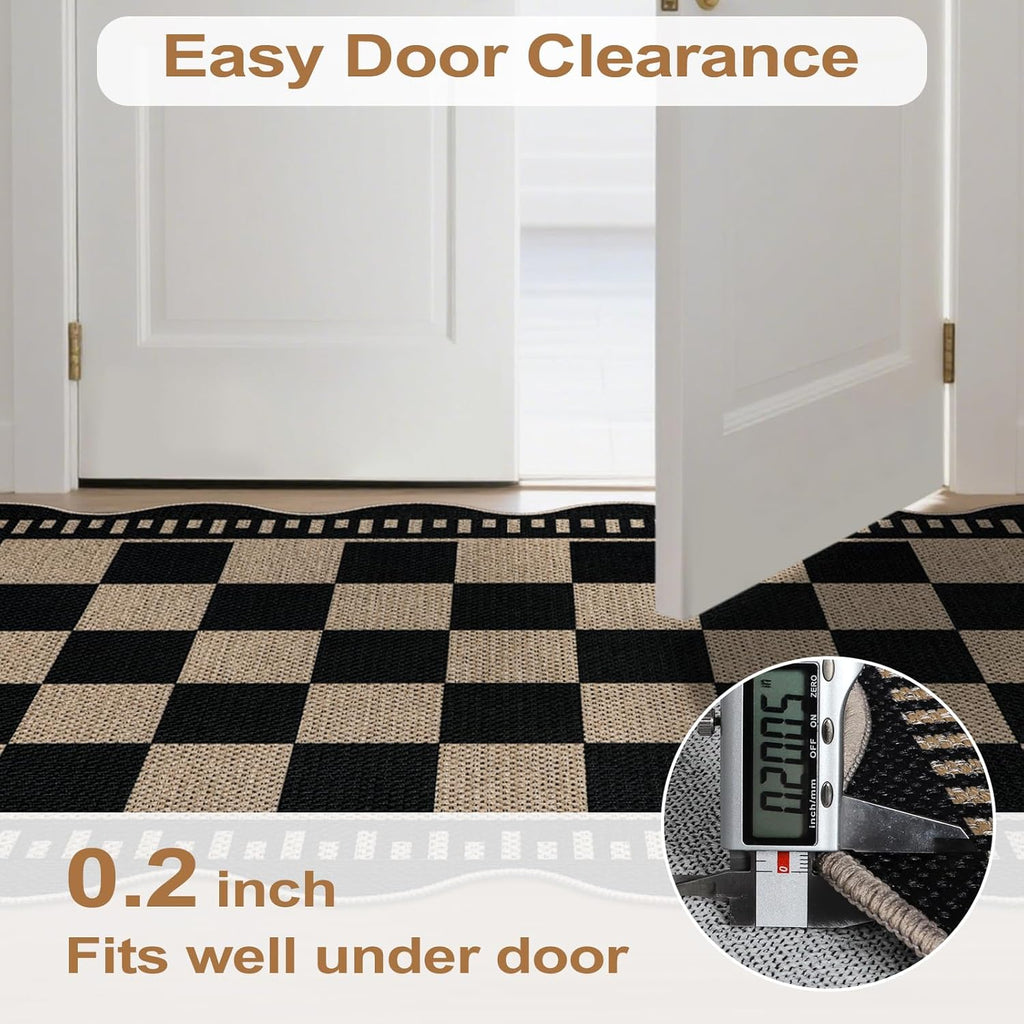 Checkered Easy Jute 3x5 Outdoor Patio Rug, Washable Rugs for Entryway Indoor Outdoor Area Rug Black Kitchen Rugs, Non-Slip Farmhouse Neutral Rug for Balcony Backyard