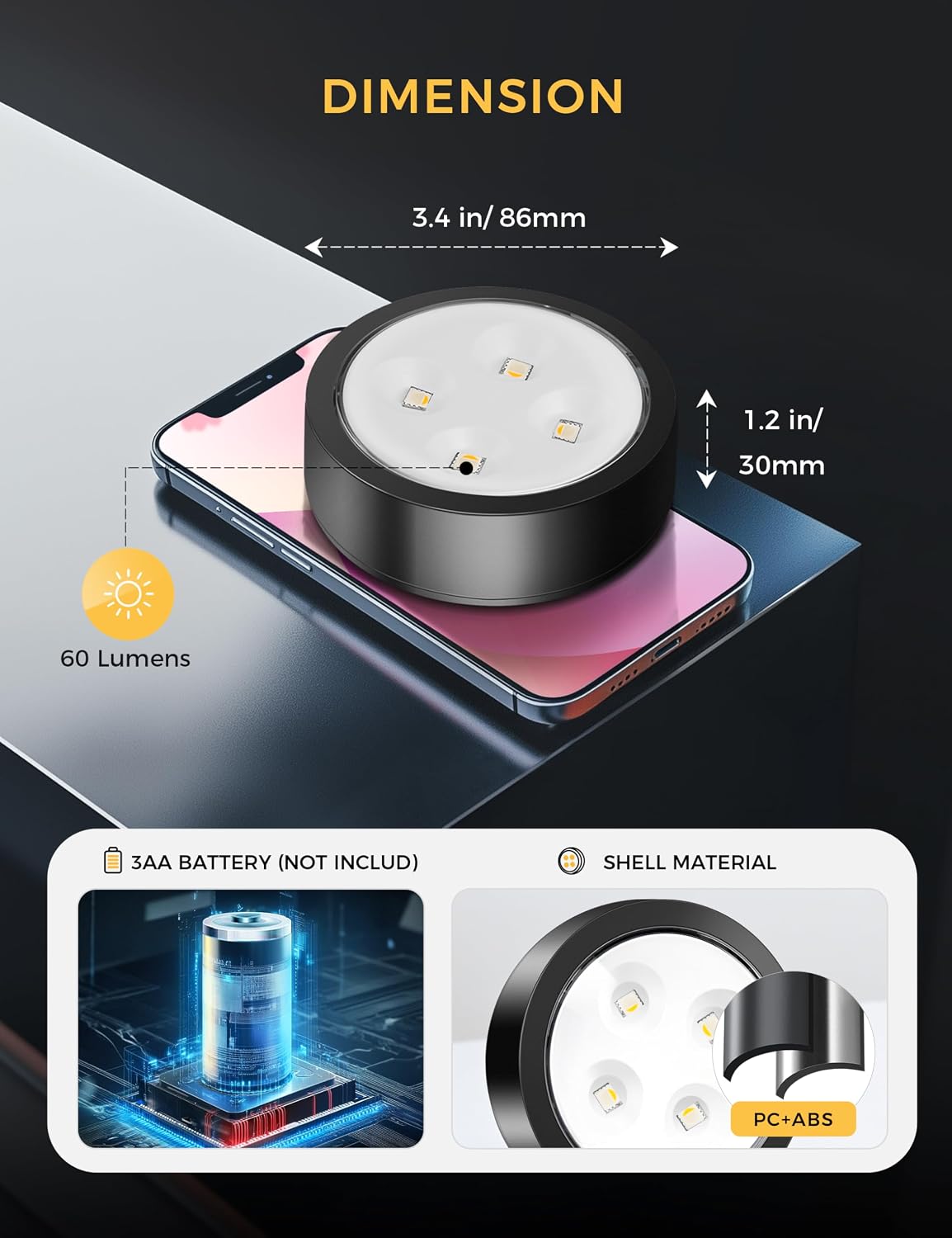 Push Lights with Remote 6-Piece Battery-Powered LED Hockey Puck Lights, Wireless Under-Cabinet & Baseboard Illumination, Dimmable & Color-Changing (2 Pack Black, Color)