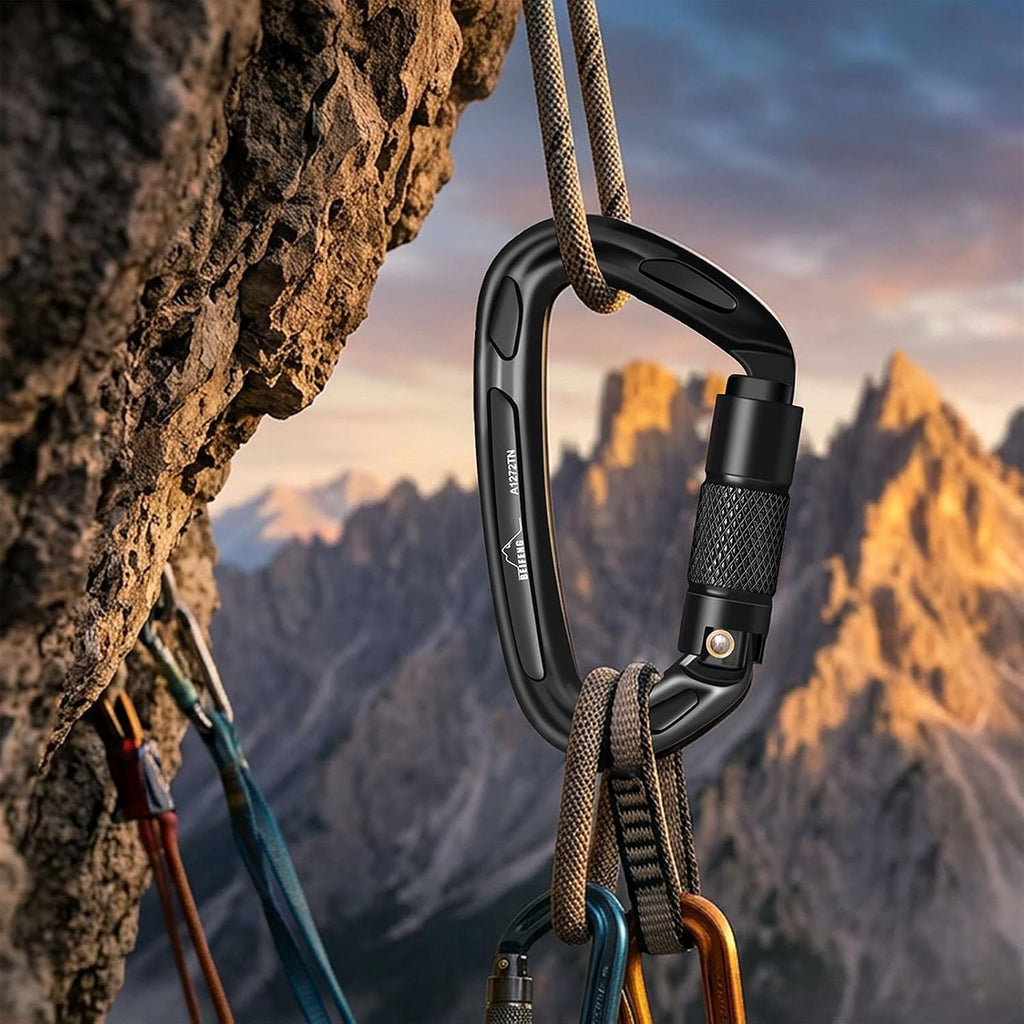 BEIFENG 25KN Auto Locking Carabiner - UIAA Certified Heavy Duty Climbing Carabiners for Rock Climbing, Camping, Rappelling, Hunting, Rescue Equipment - Professional Carabiner Clips (Black)