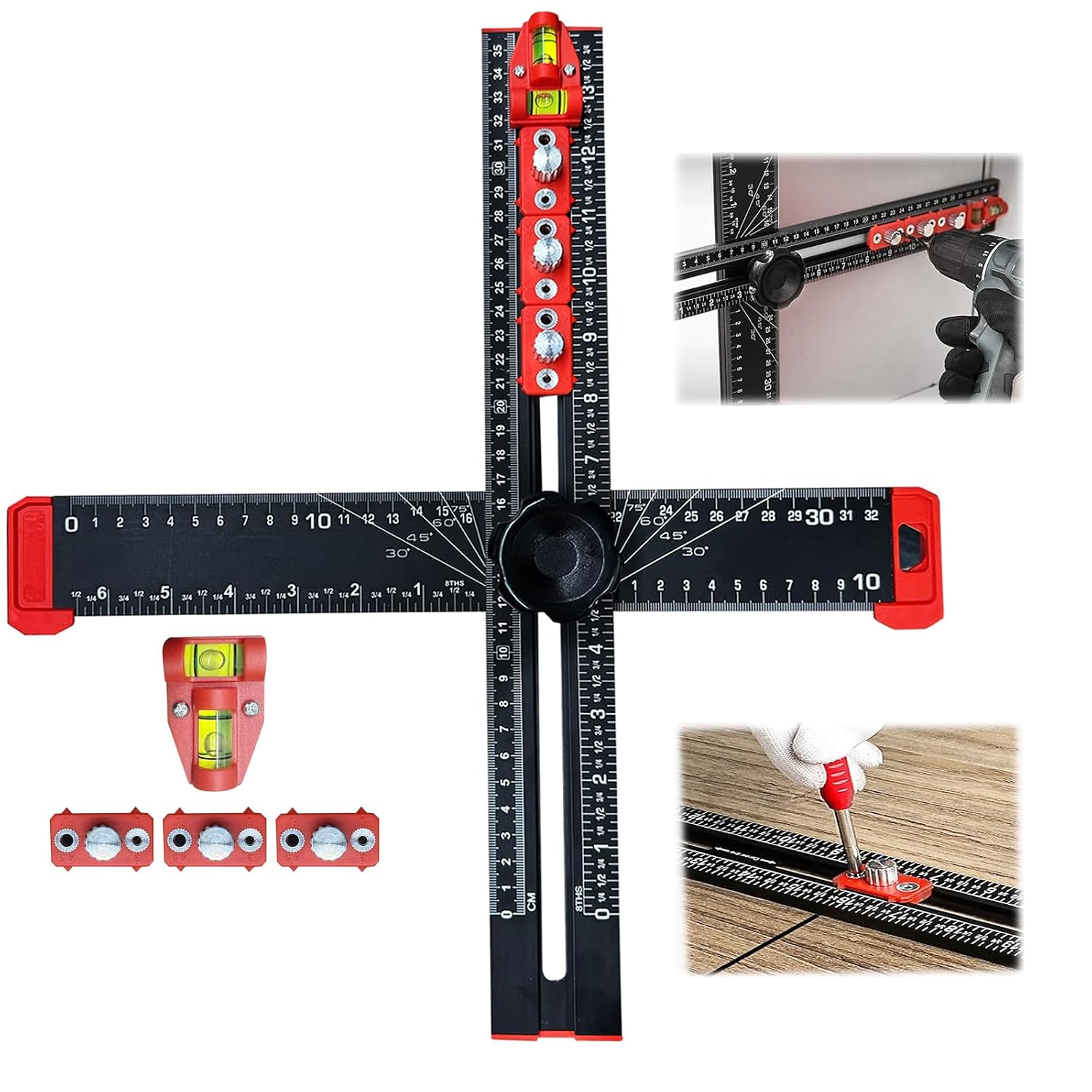 4-in-1 Drilling Positioning Ruler, Multi-Function T-Square，Adjustable 14 inches/35 cm, Woodworking Marking Tool, Cabinet Hole Drilling Template for Precise Drilling Angle Measurement and Marking