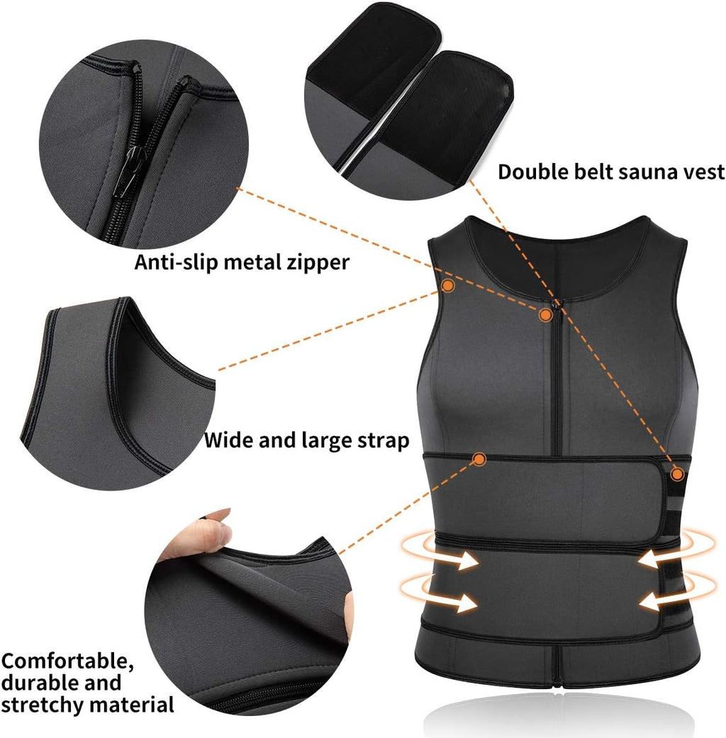 SHAPERIN Men Neoprene Sauna Zipper Waist Trainer Vest Tank Top Trimmer Body Shaper