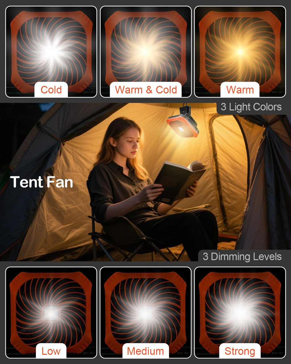 Odoland Portable Camping Fan with LED Lantern, 40H Rechargeable Battery Fan