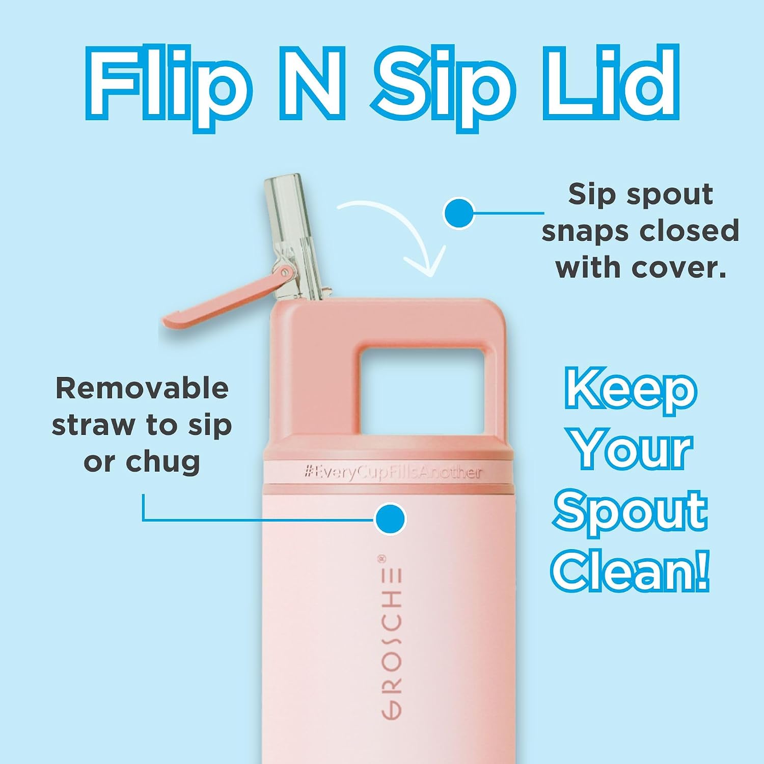 GROSCHE Alpine Flip N Sip Insulated Bottle with Straw Lid, Rose Pink, 20 oz