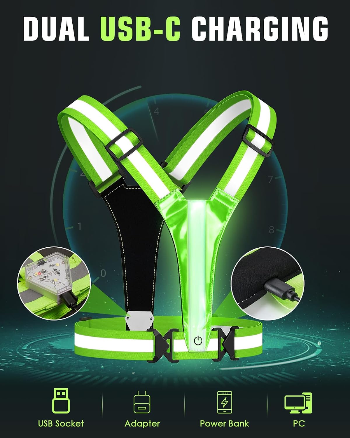 Zacro LED Reflective Vest with Chest Light 500LM, 5 RGB Colors High Visibility Rechargeable Light Up Running Vest IPX4 Night Safety Running Gear for Dog Walking, Cycling, Adjustable for Men Women Kids