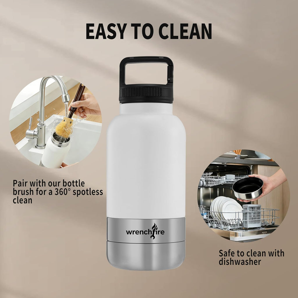 32 oz Instulated Stainless Steel Dog Water Bottle with 2 Detachable Bowls,Portable Cat Travel Dispenser with Brush for Walking Hiking Camping,White