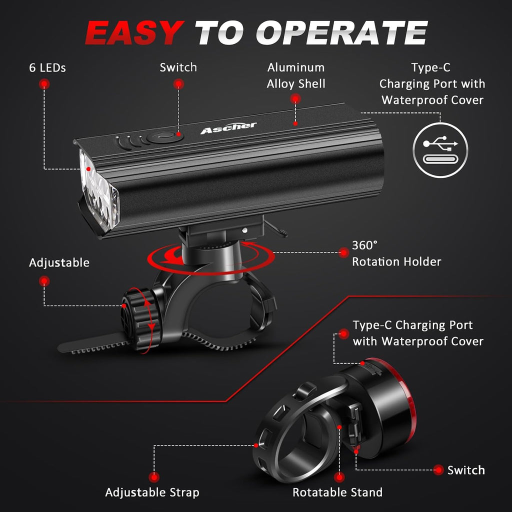 Ascher Ultra Bright USB Rechargeable Bike Light Set, Powerful Bicycle Front Headlight and Back Taillight, 4 Light Modes, Easy to Install for Men Women Kids Road Mountain Cycling