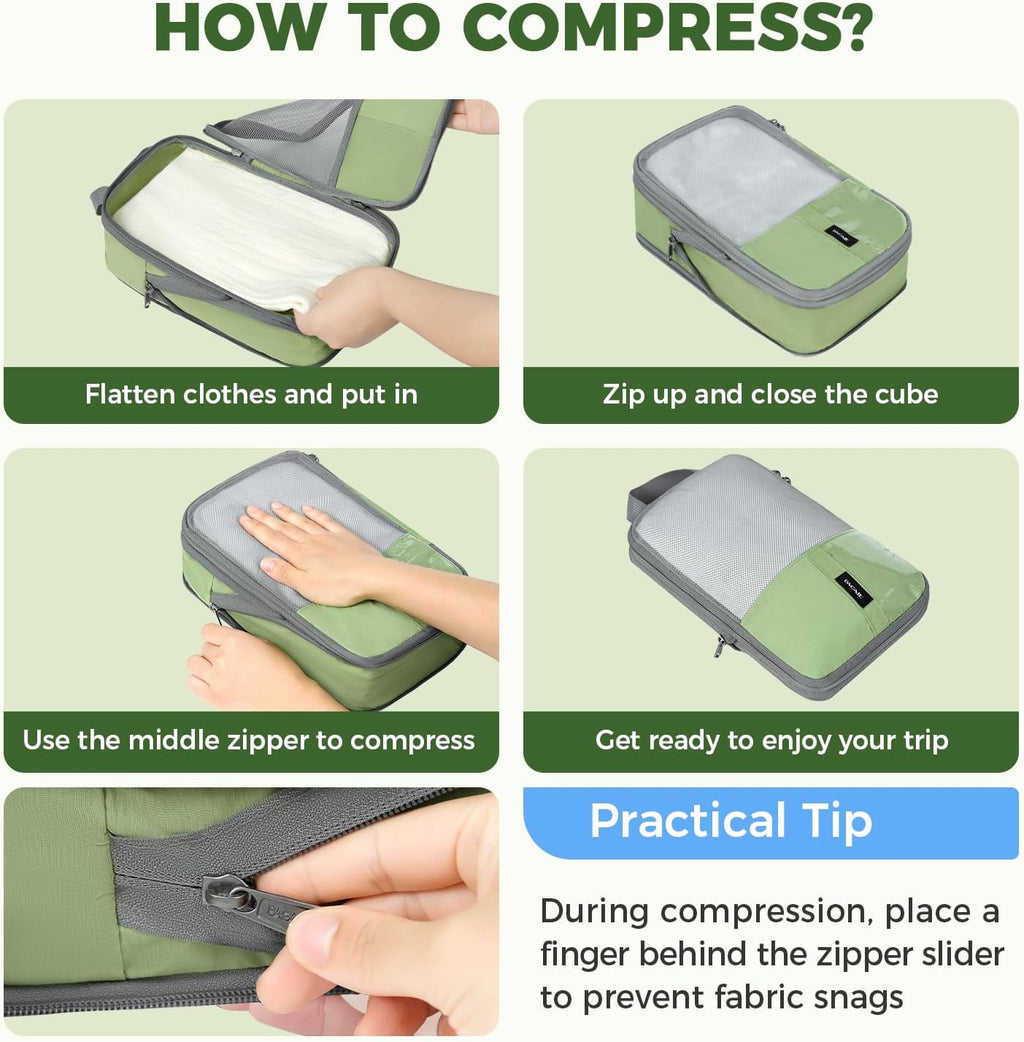 BAGAIL Lightweight Compression Packing Cubes for Travel, 6 Set,Matcha Green