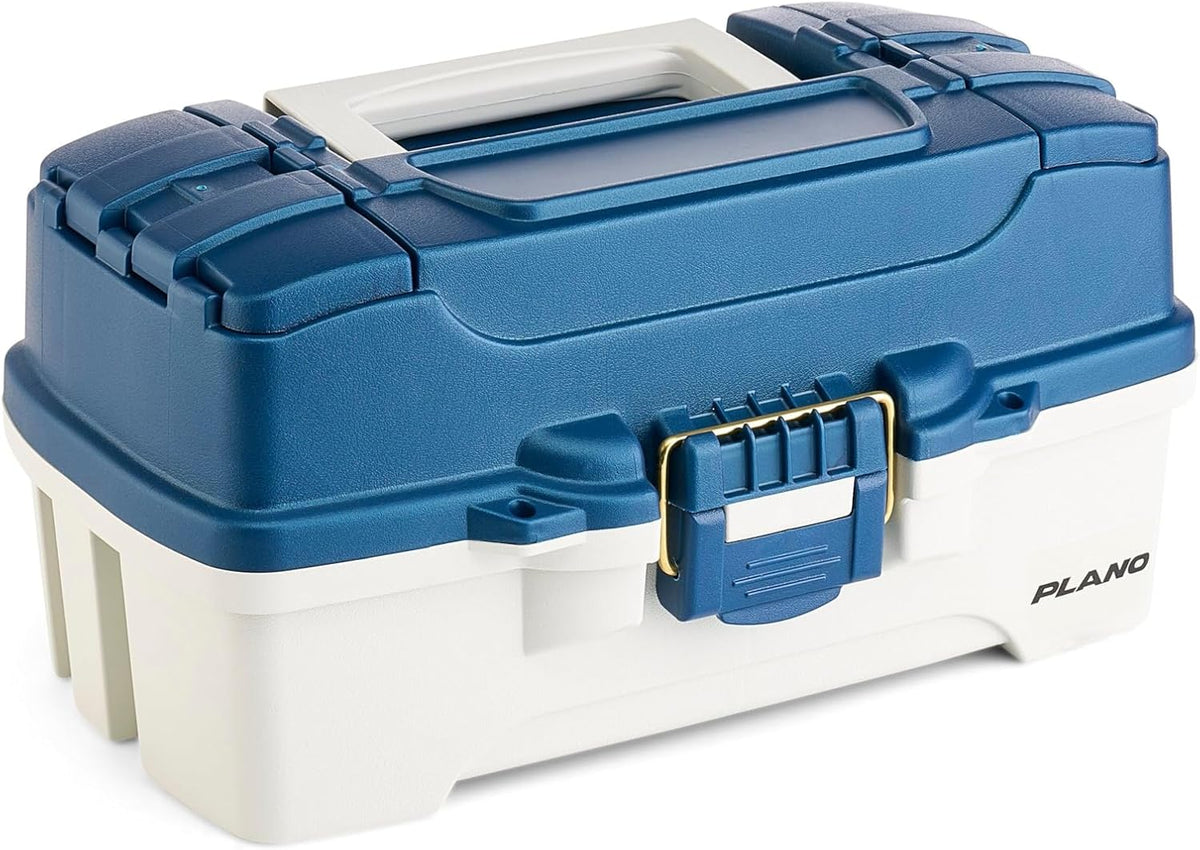 Plano One-Tray Tackle Box, Blue/White, Rust-Proof Brass Latch, Top-Access Tray with Deep Storage, Made in the USA, Portable Fishing Gear Storage Organizer