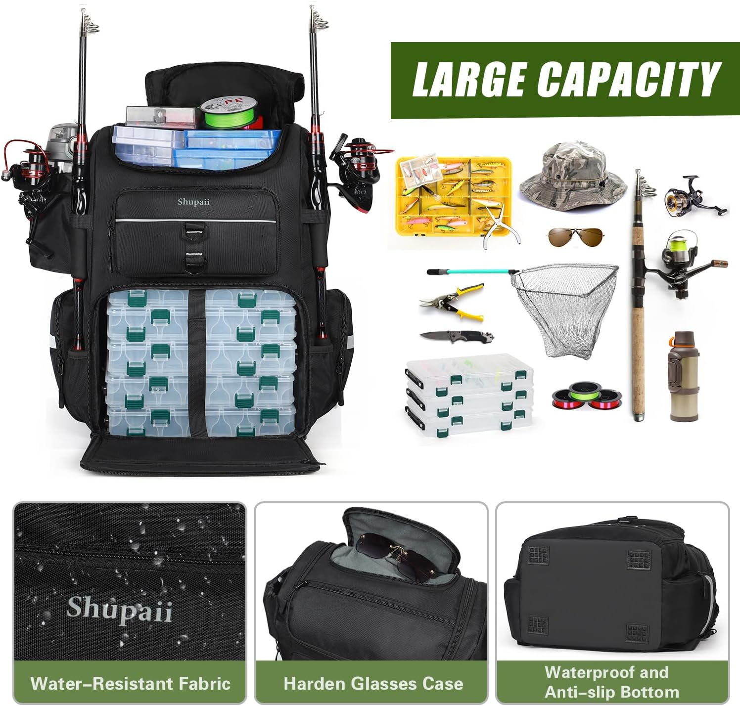 Fishing Backpack with Rod Holder, 45L Capacity Tackle Storage Bag