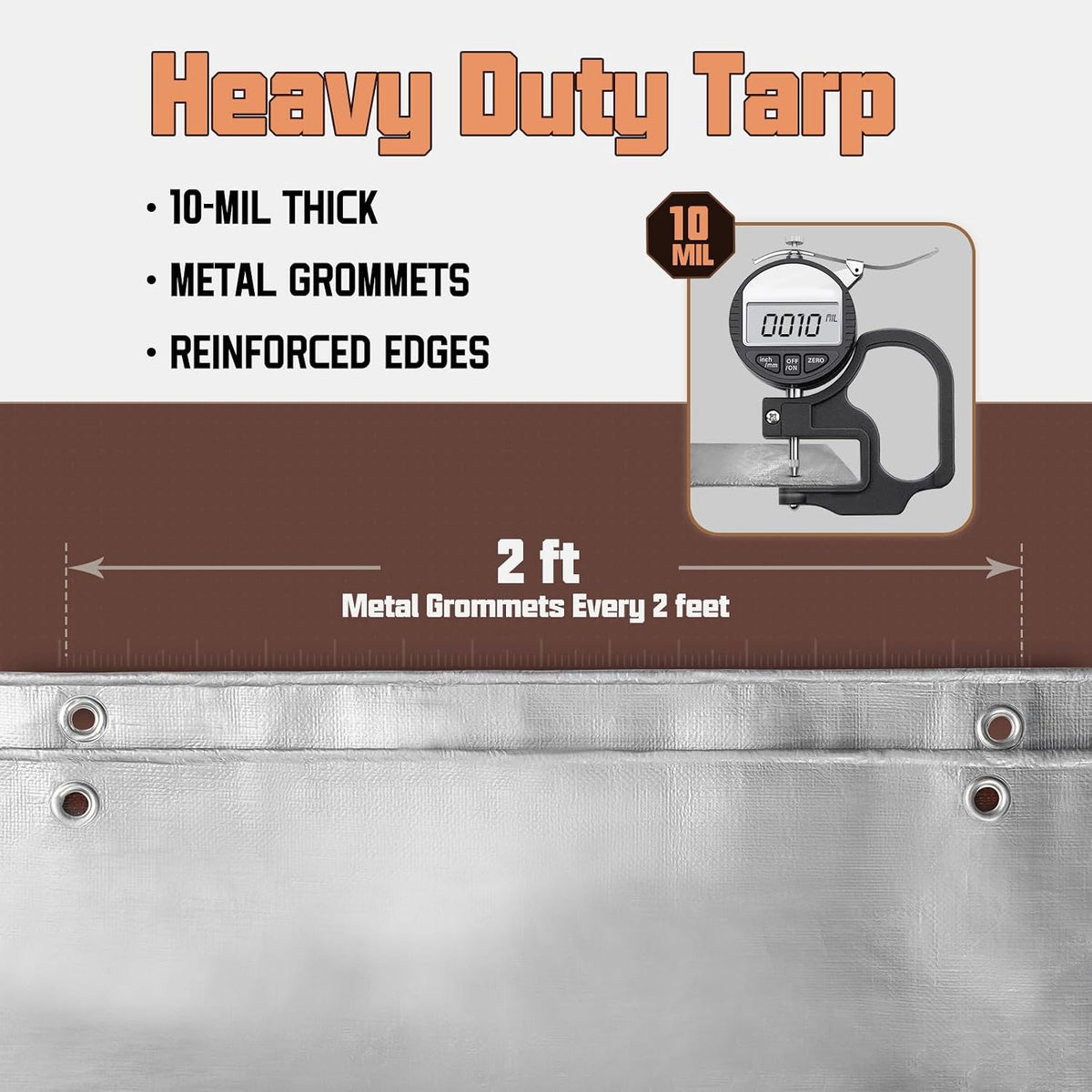 8 x 10 FT Waterproof Heavy Duty Tarp, 10 Mil Thick, Outdoor Furniture Covers, Plastic Insulated Tarpaulin for Camping Tent Roof Boat Patio Pool Cover, Large & Small Multi-Size Tarps, Silver/Brown