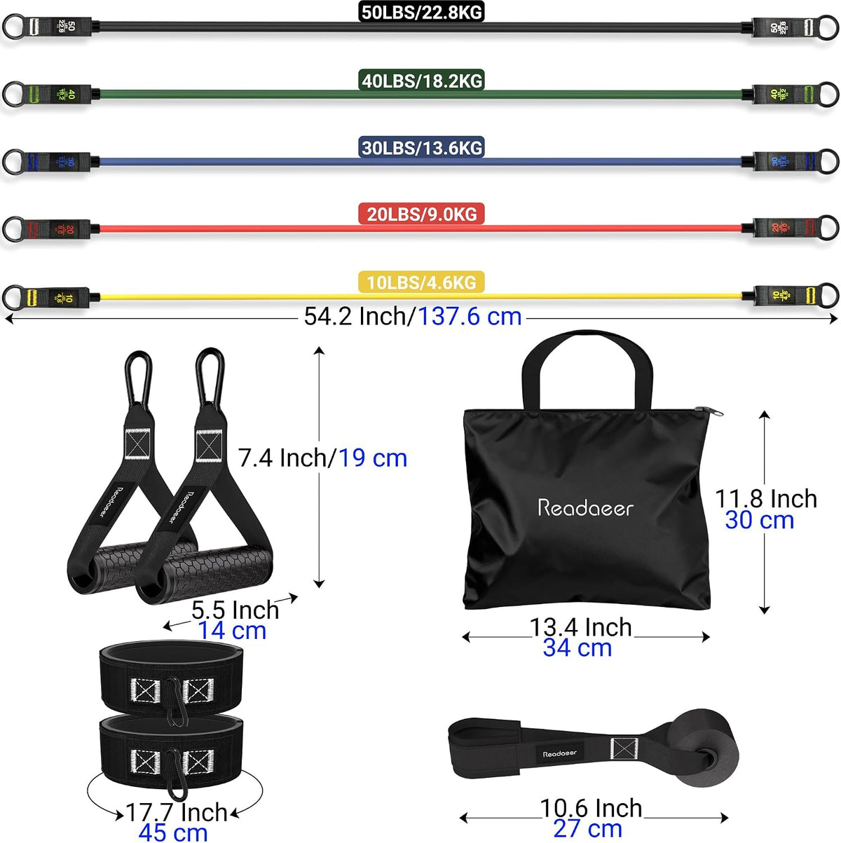 READAEER Resistance Bands, 10-150 LBS Exercise Bands with Handles, Ankle Straps & Door Anchor, Adjustable Workout Bands for Full Body Strength Training, Home, Gym & Travel