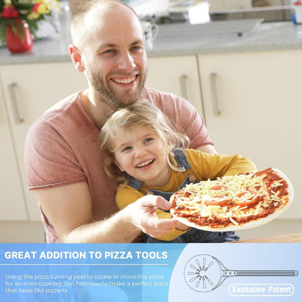 Pizza Turning Peel, 8-inch Pizza Peel Turner Spinner with Non-Slip Long Handle & Silicone Hanging Hook, Essential Pizza Oven Accessories for Outdoor & Indoor Baking, Even Crispy Crust Every Time
