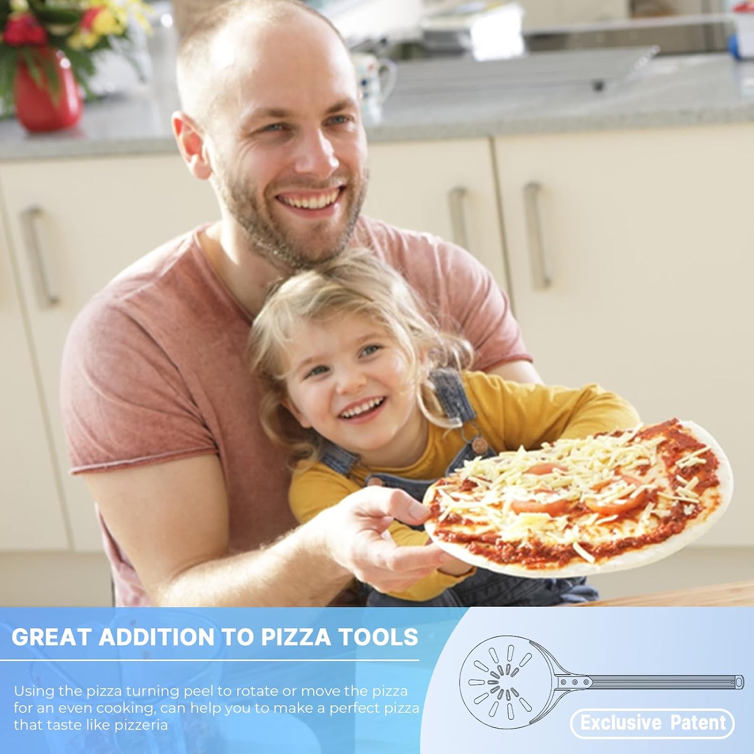Pizza Turning Peel, 8-inch Pizza Peel Turner Spinner with Non-Slip Long Handle & Silicone Hanging Hook, Essential Pizza Oven Accessories for Outdoor & Indoor Baking, Even Crispy Crust Every Time
