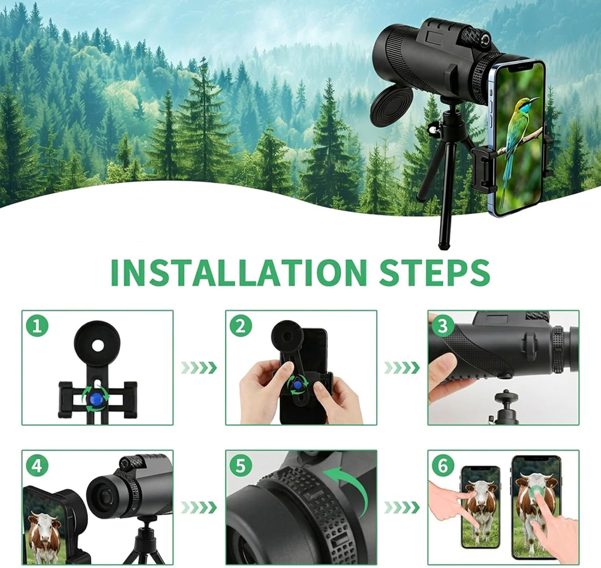 80x100 Monocular Telescope, BAK4, Waterproof, Phone Adapter, Hiking