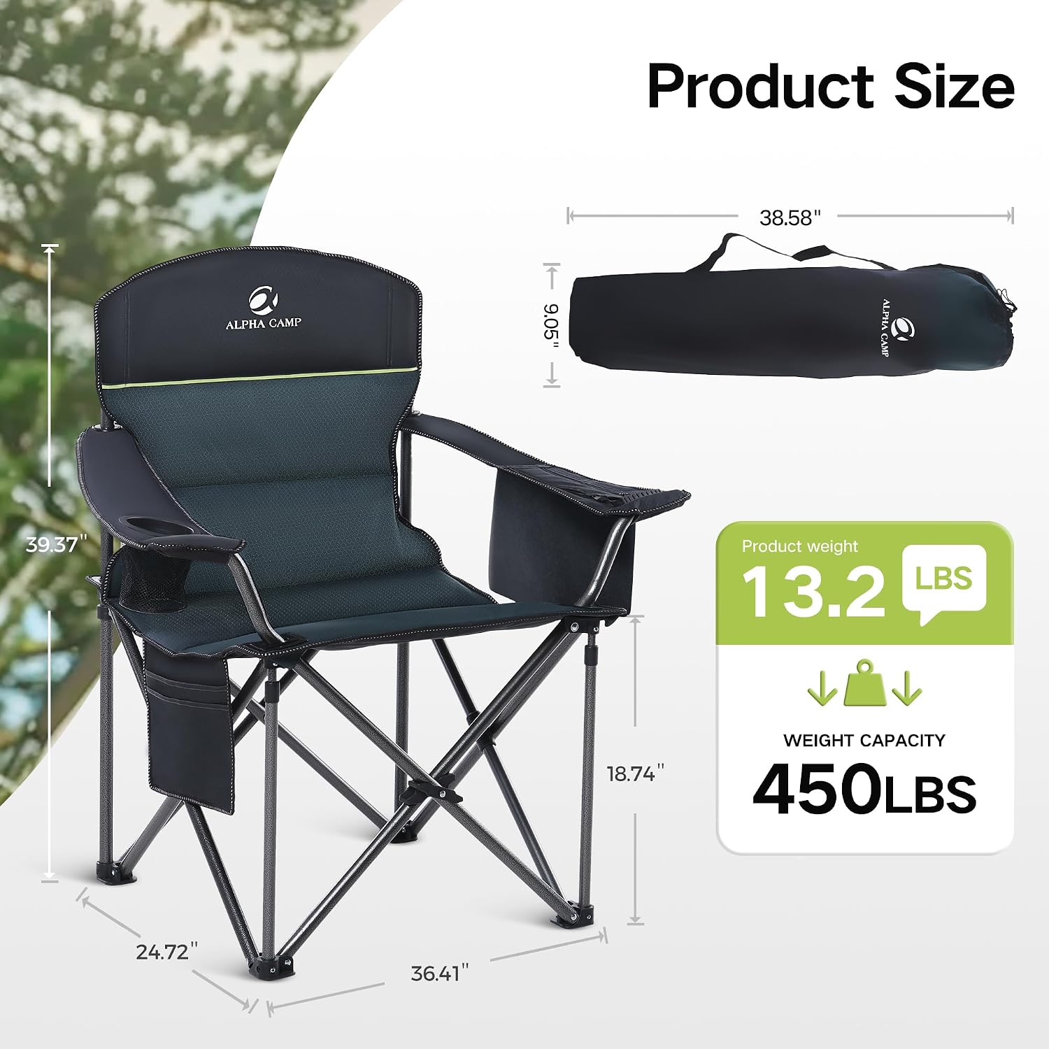Folding Camping Chair Oversized 2 Pack Lawn Chair W/ Cooler Bag, Cup Holder