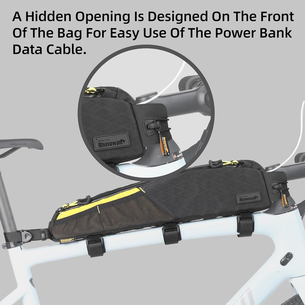 Rhinowalk Bike Frame Bag 2.1L, Waterproof Front Tube Bag with Dual Compartments, YKK Zipper, Phone Storage & Cable Port – Fits Most Bikes – Black