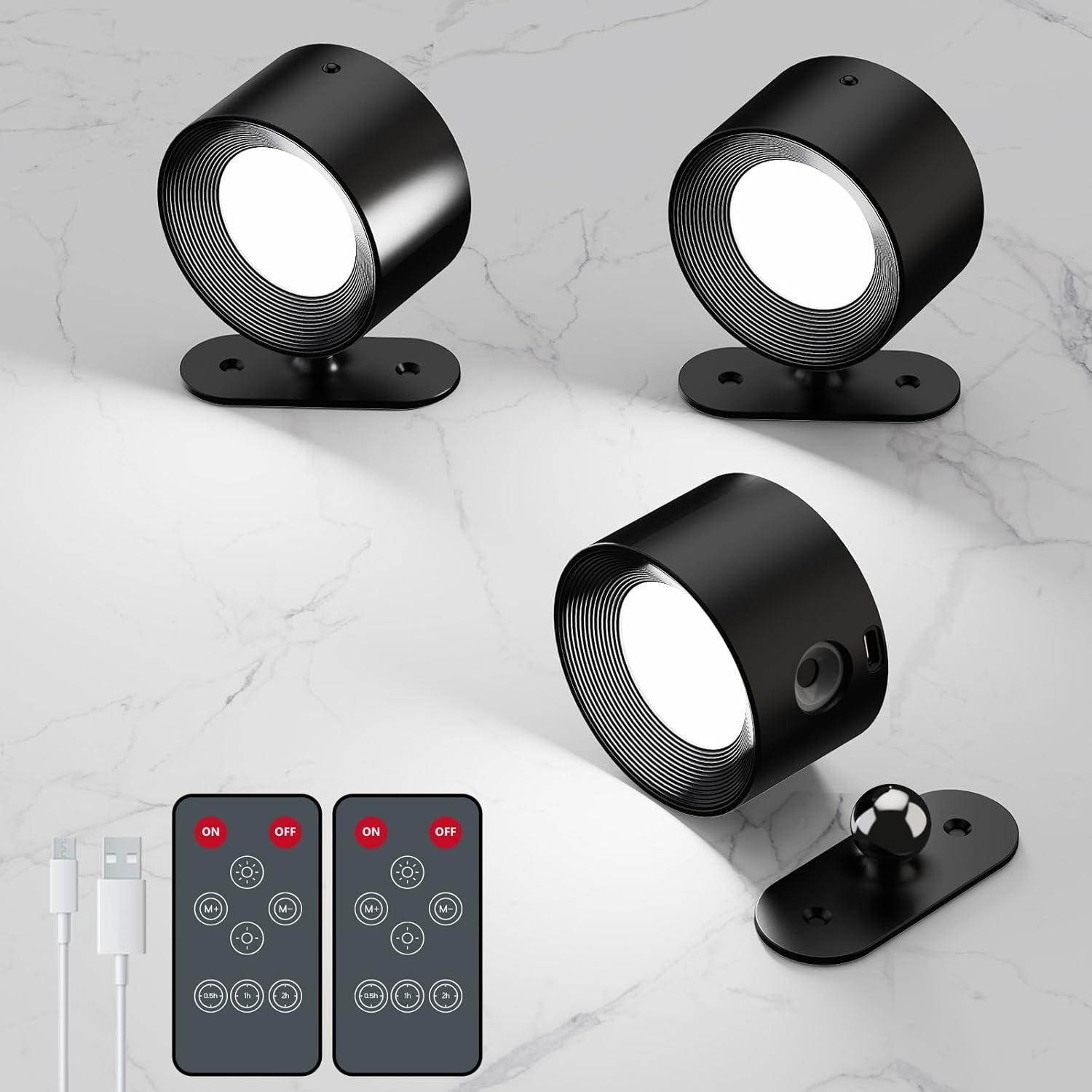 AKSDA 3Pack Battery Operated Wall Sconce, 3 Color Modes 3 Brightness Levels 360°Rotation Lighting Timer Touch & Remote Control, Wall Mounted Lamp LED Wall Lights for Bedroom Reading Bedside (Black)