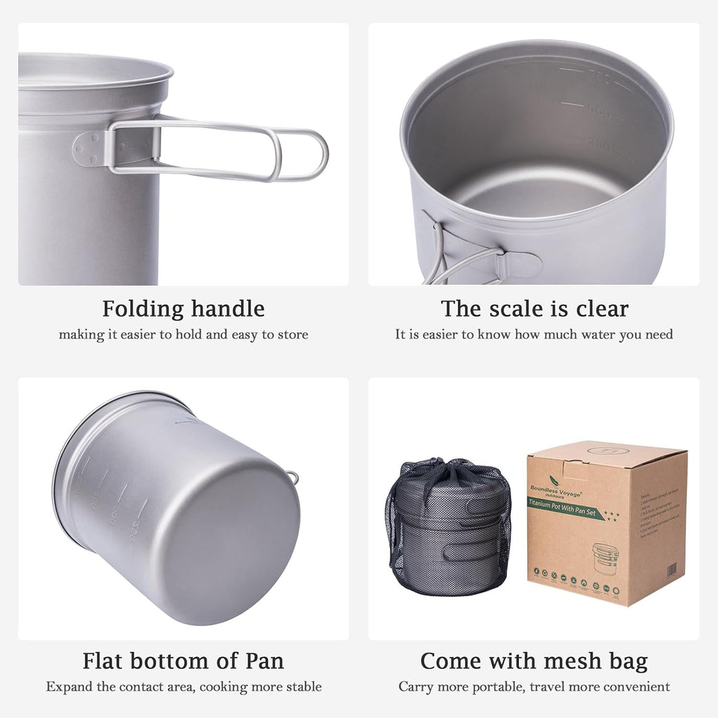 iBasingo Titanium Pot Pan Set with Folding Handle - Ultralight Portable Outdoor Cookware Mess Kit for Camping, Picnic, Travel & Backpacking (1080ml Soup Pot, 900ml Cup, 500ml Frying Pan)