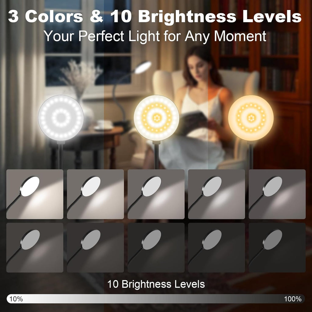 Rechargeable Clip on Light for Bed, 61 LED Cordless Reading Lamp with 3 Color Modes & 10 Brightness Levels, Portable and Flexible Book Light Clamp on Office Desk Bunk Bed Dorm Headboard (Black/3.5'')