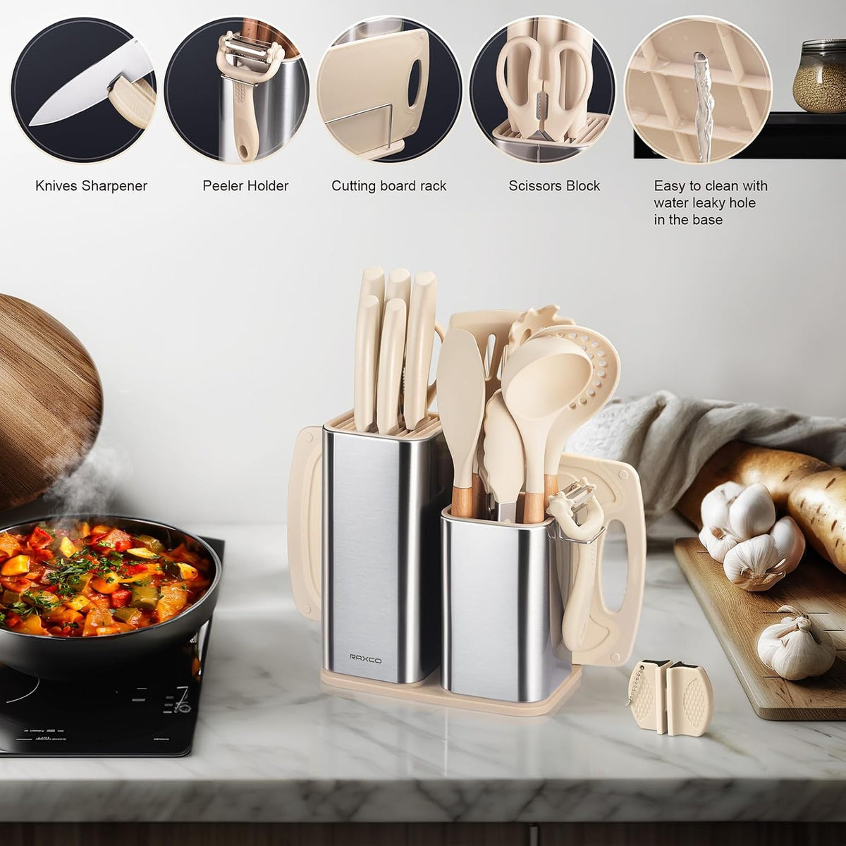 RAXCO Cooking Utensils Set,18-Piece Kitchen Utensils and Knife Set,Khiki