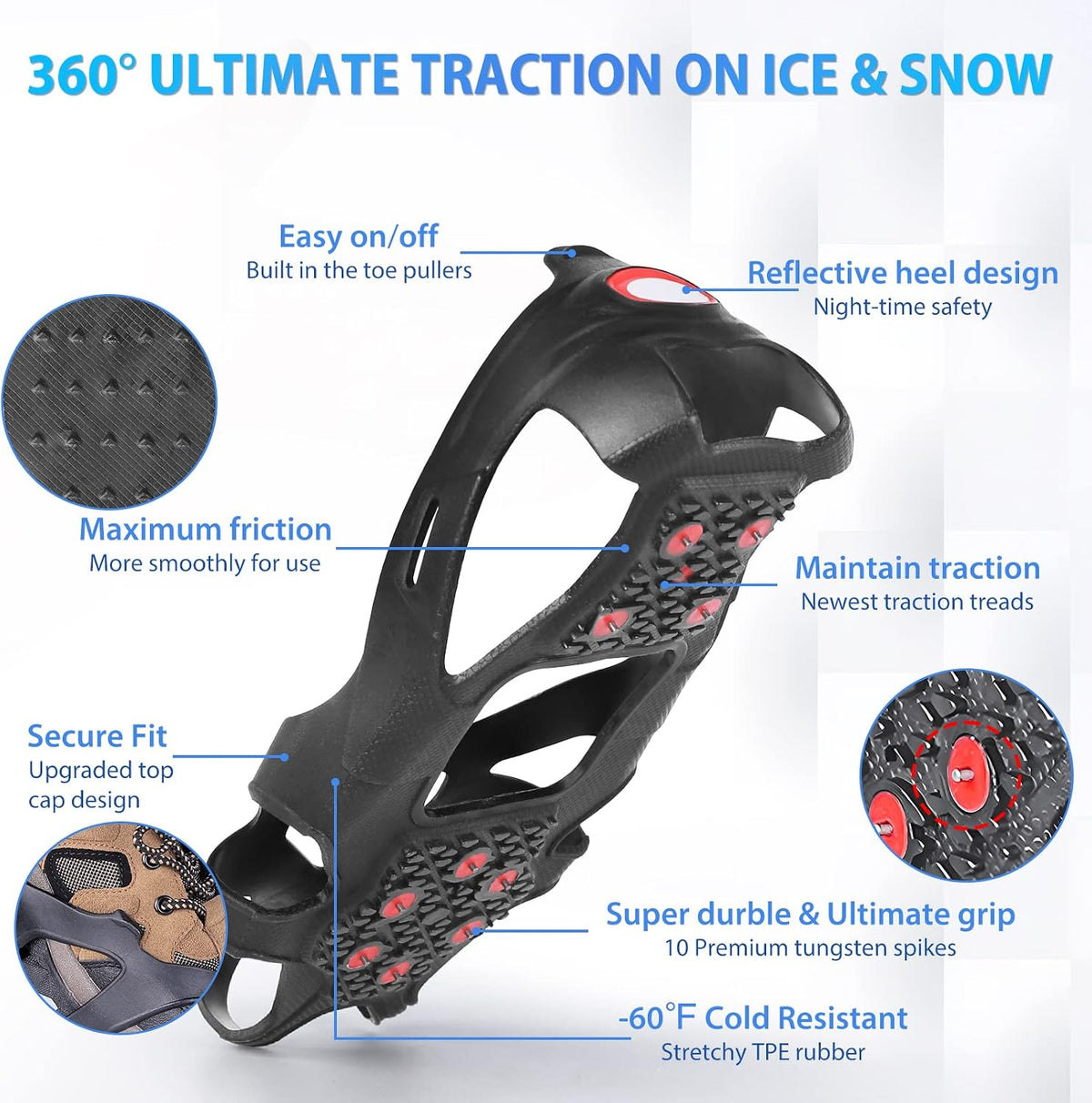 Sfee Crampons Ice Cleats, V3 Tungsten Ice Cleats for Shoes and Boots Crampons for Hiking Boots Ice Cleats for Women Men Kids Traction Cleats for Walking on Snow Ice Grips for Fishing, Walking, Running