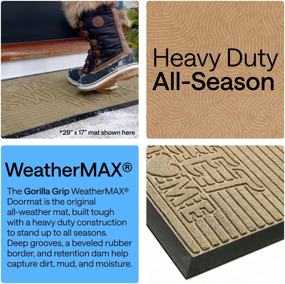 GORILLA GRIP WeatherMAX Door Mat, Indoor Outdoor, 29x17, Home Sweet Home