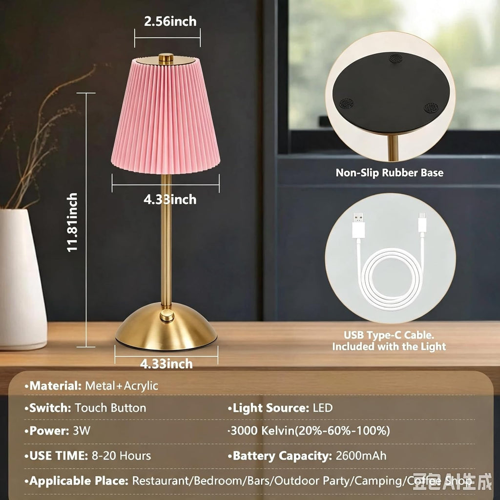 Pink Table Lamps, Battery Operated Cordless Desk Lamp, 3 ColorDimming, Rechargrable LED Lamp,Fabric Lamps, Vintage Aesthetic Lamp for Bedside, Living Room, Home Decor (Gold+Pink)