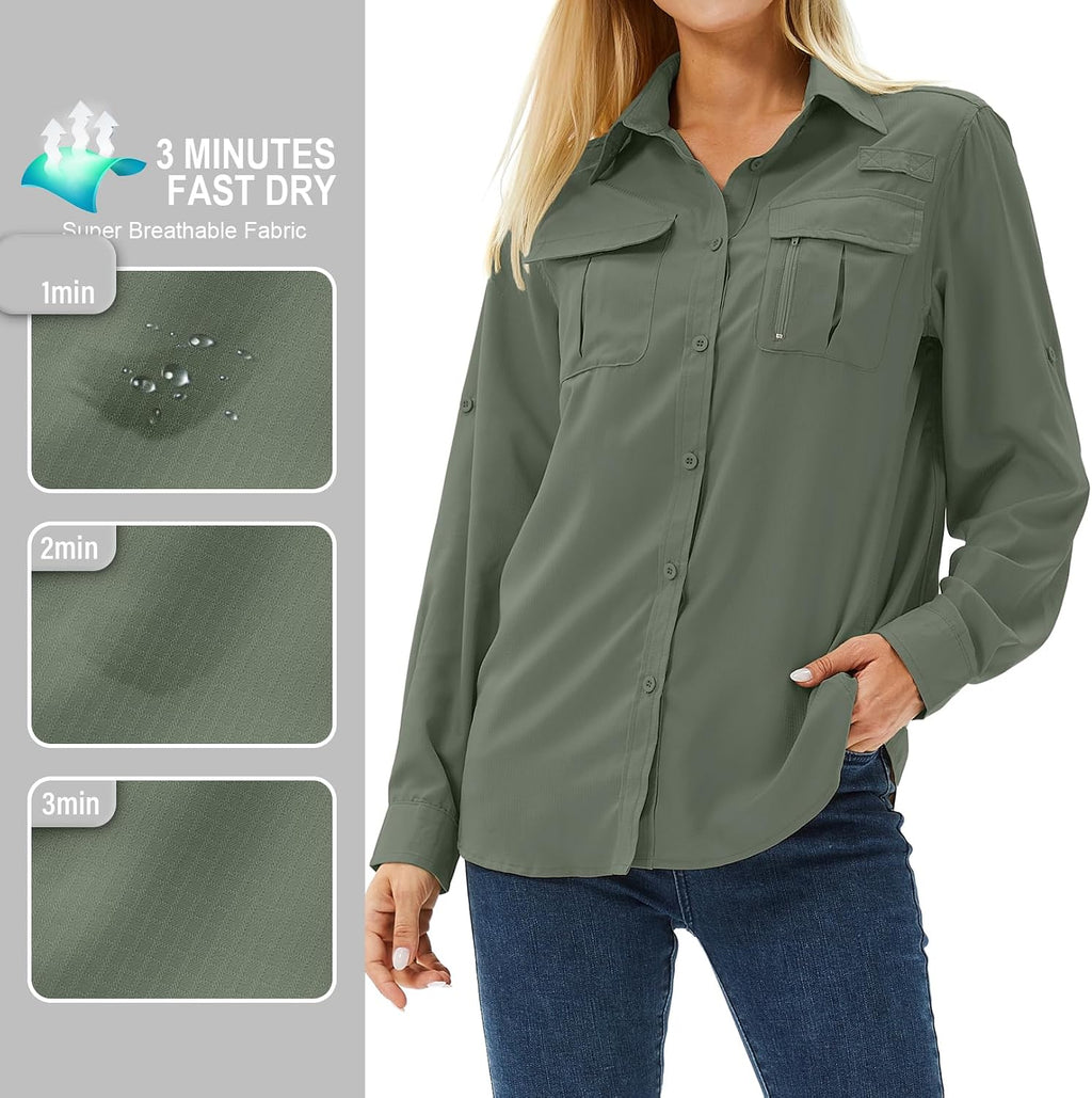 Women's UPF 50 Long Sleeve Sun Protection Safari Fish Hiking Shirts