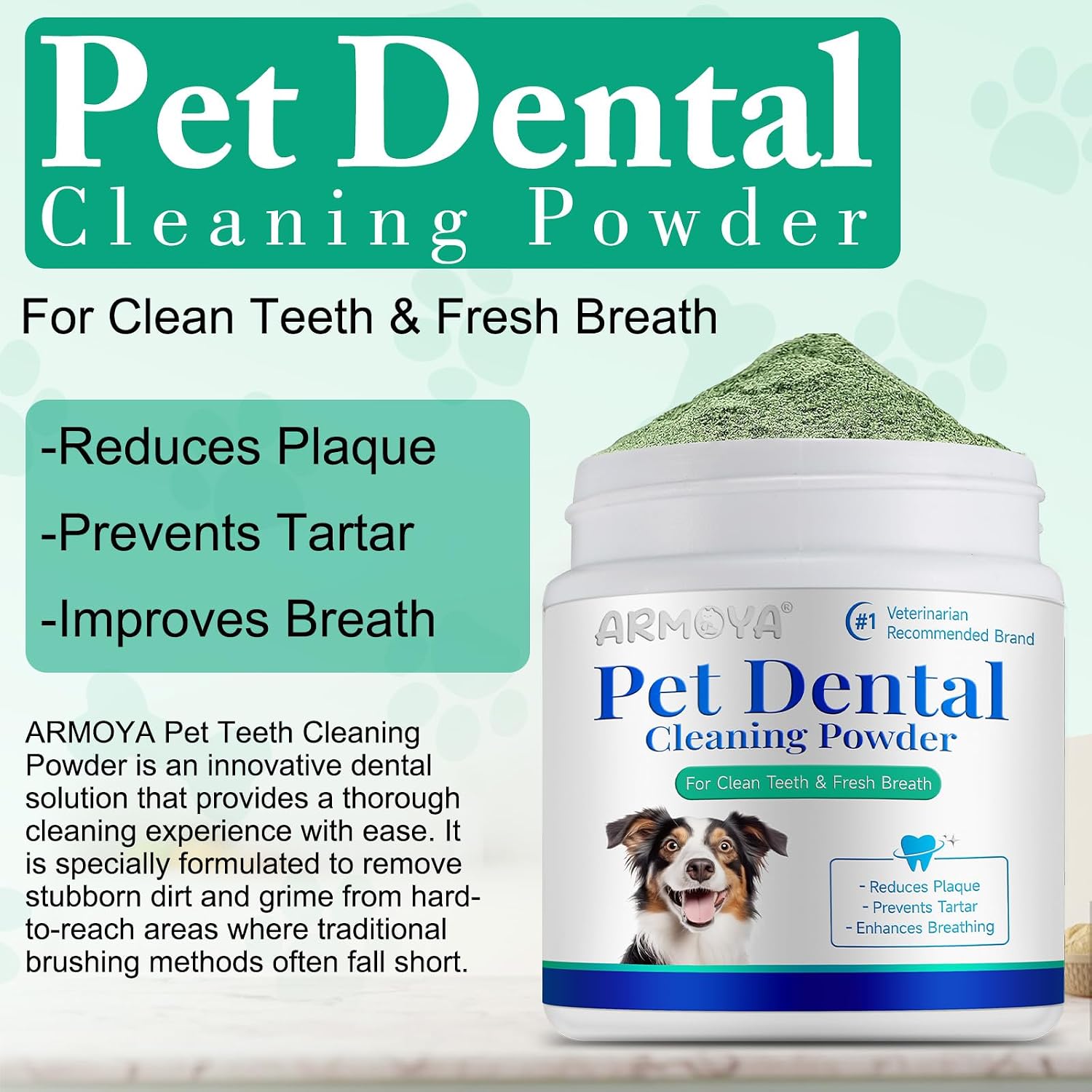 ARMOYA Dog Dental Powder - Teeth Cleaning Powder for Dogs - Dog Dental Care - Plaque & Bad Breath Off P-owder D-og - D-ental Care Supplies for Small - Medium - Large Do-gs