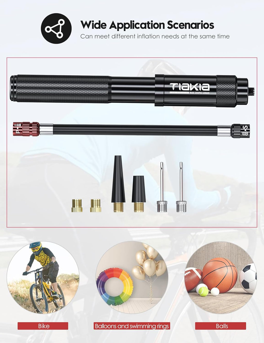 Tiakia Mini Bike Pump, 260PSI High Pressure for Road & Mountain Bikes