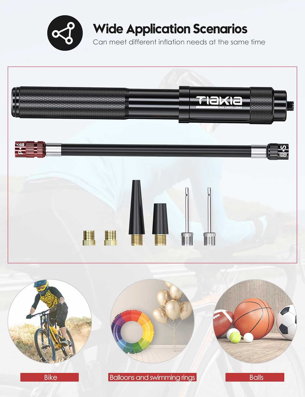 Tiakia Mini Bike Pump, 260PSI High Pressure for Road & Mountain Bikes