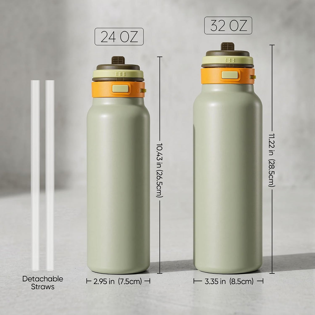 Fijinhom 24 oz Insulated Water Bottle, 2-in-1 Stainless Steel with Straw and Spout, Leak Proof,Fits in Car Cup Holder, 304 Stainless Steel with Wide Mouth, Great for Sports, Travel, Work (Green)