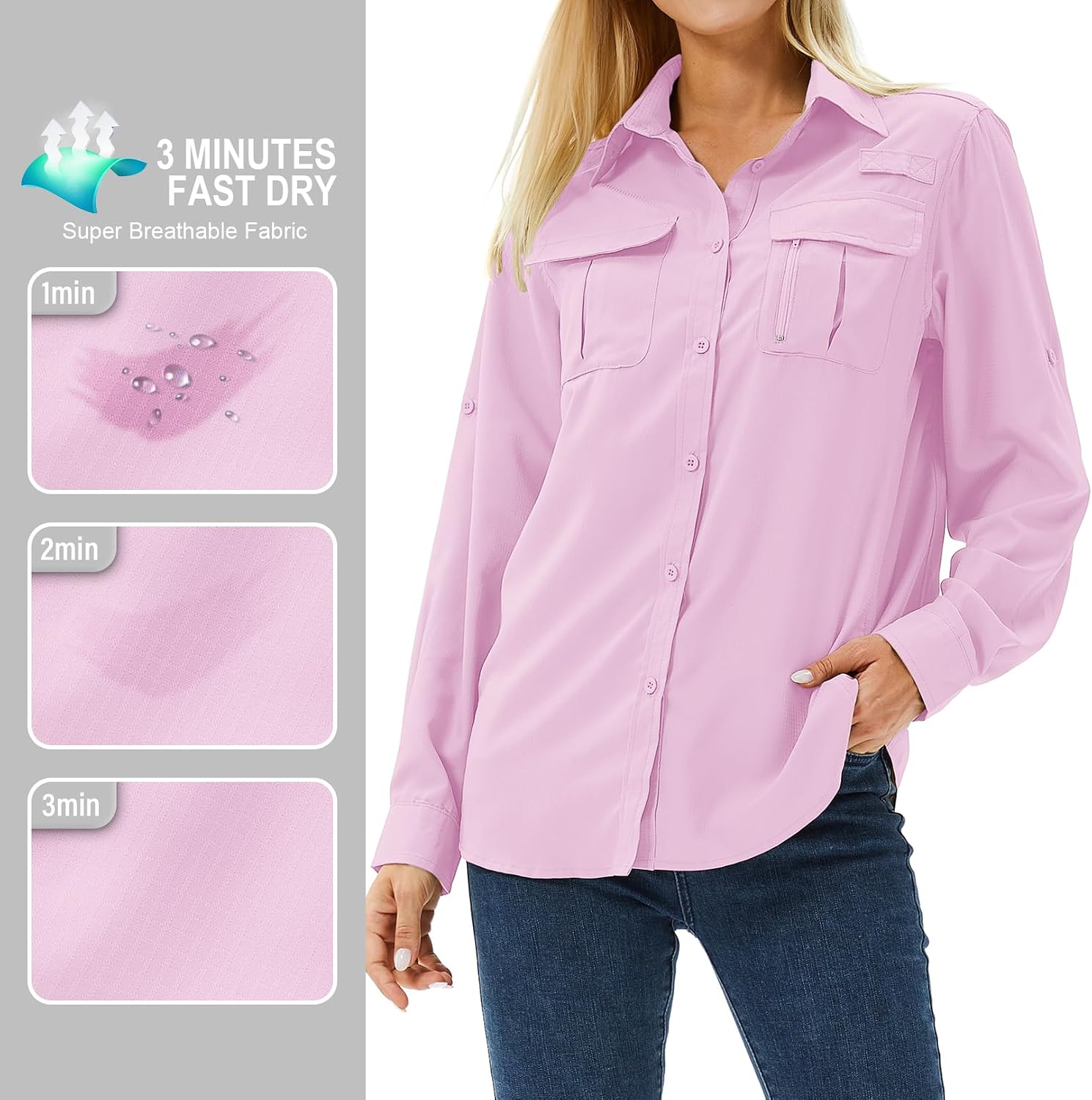 Women's UPF 50 Long Sleeve Sun Protection Safari Fish Hiking Shirts