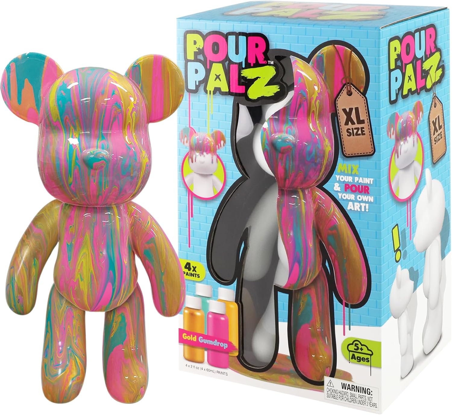 Pour Palz DIY Paint Pouring Kit – 1 XL Bear Figurine, 4 Acrylic Pour Paints, Mixing Cups & Tools, Create Unique Marbled Art, Fun Hands-On Craft Kit for Kids & Adults, Gold Gumdrop, Ages 5+