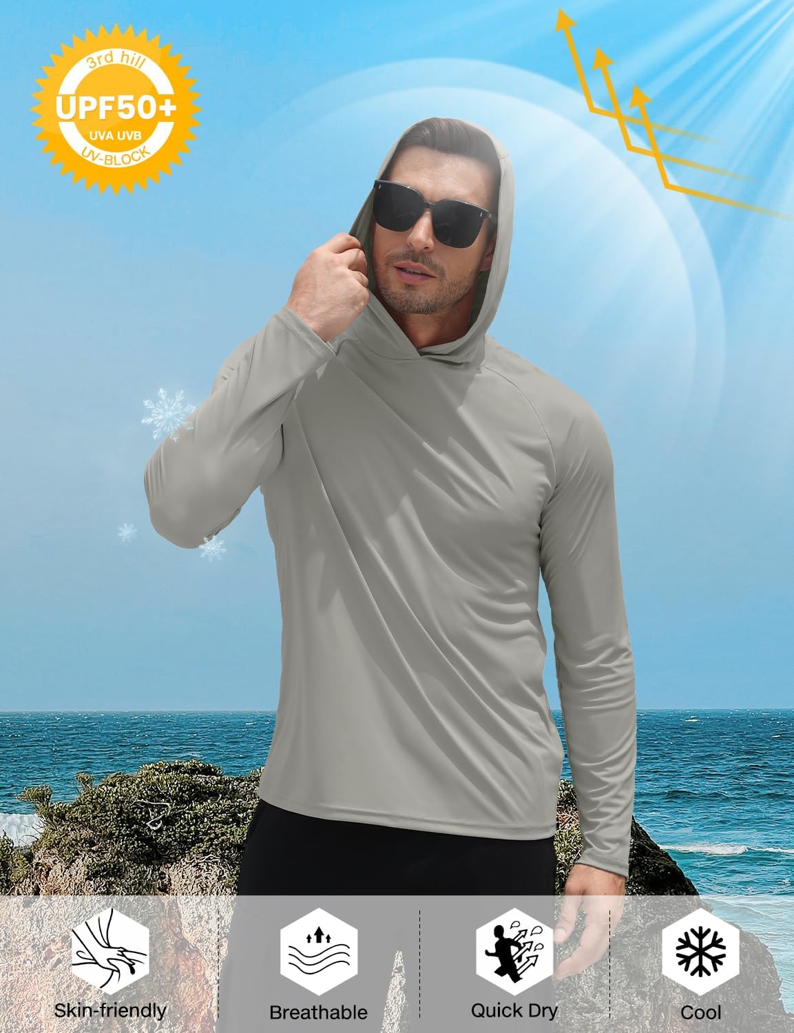 Mens UPF 50+ Sun Hoodie UV Protection Long Sleeve Swimming Rash Guard SPF Quick Dry Fishing Shirt for Outdoor Sports