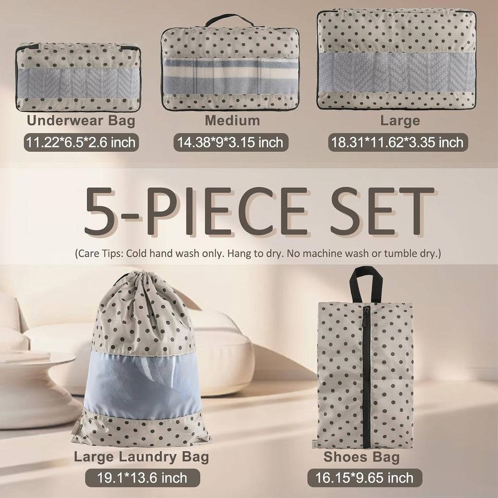U+U 5 Set Packing Cubes, Travel Organizers with Shoe Bag (Brown Polka Dot)