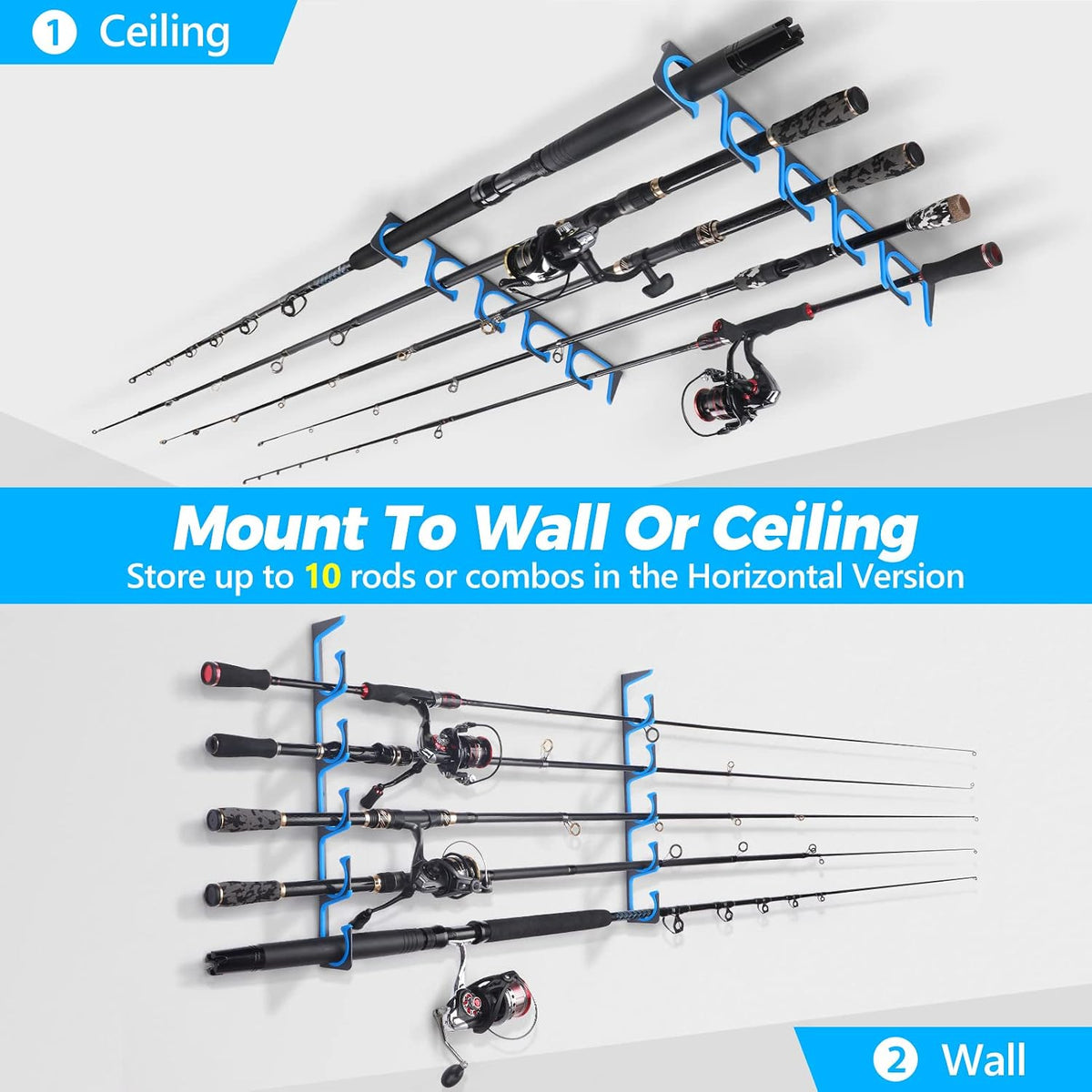 PLUSINNO H5 Horizontal Fishing Rod/Pole Holders for Garage, Wall Ceiling Mounted Fishing Rod Holder, Aviation Aluminum Fishing rod rack Holds up to 5/10/20 Rod or Combos Fishing Gear and Gifts for Men
