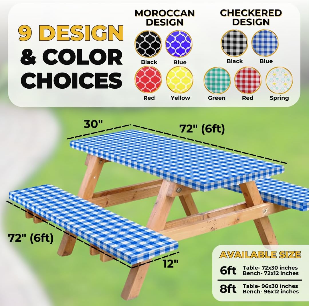 Vinyl Fitted Picnic Table Cover with Bench Covers & Blue 6ft Blue Checkered