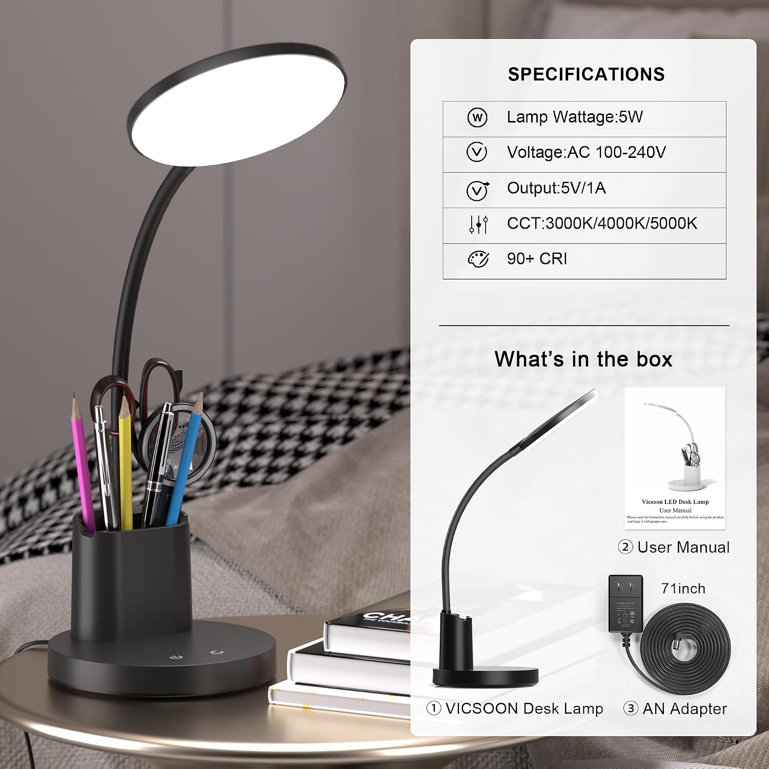 LED Desk Lamp for College Dorm with Pen Phone Holder, Black